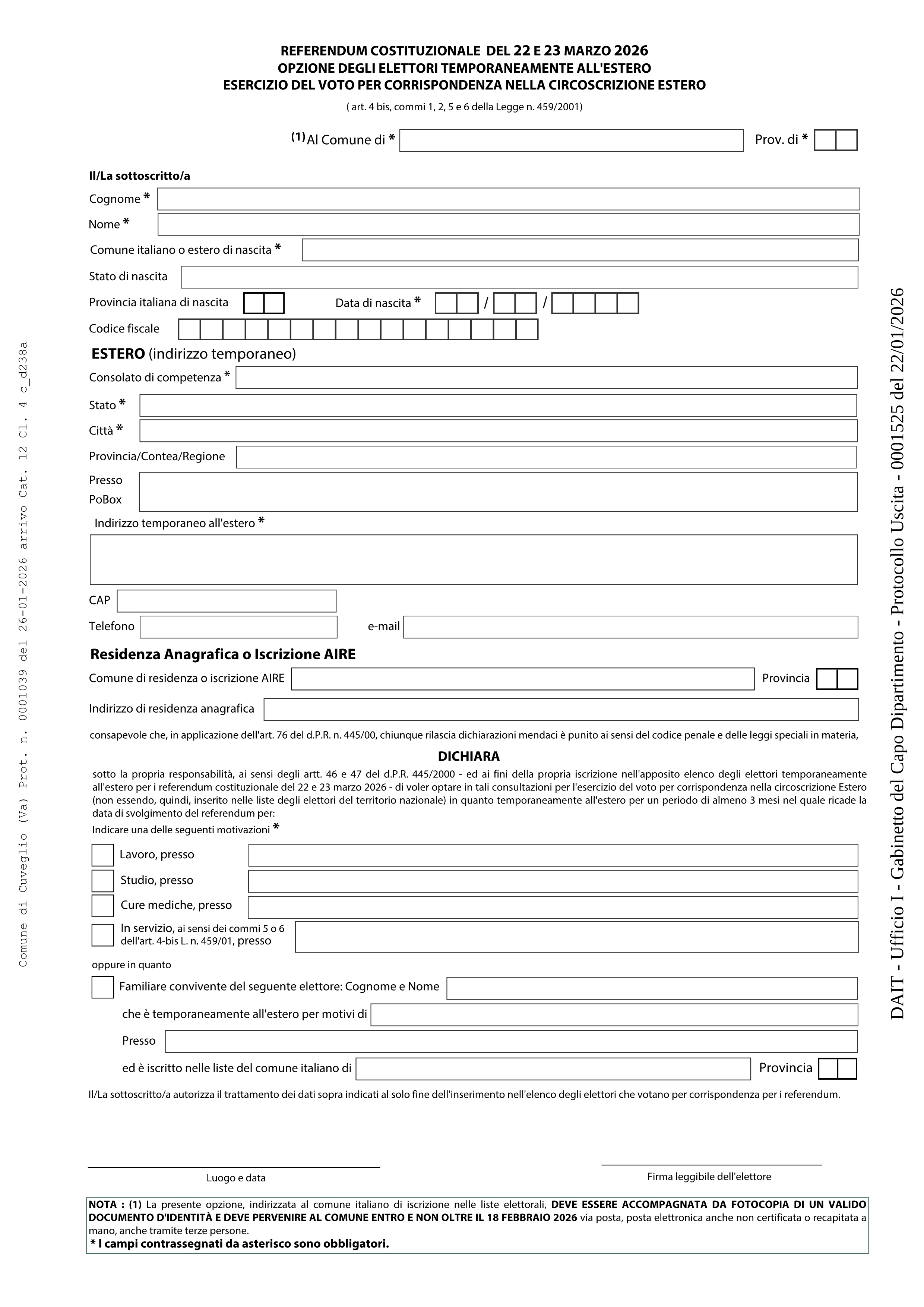 Referendum Costituzionale dei giorni 22 e 23 MARZO 2026